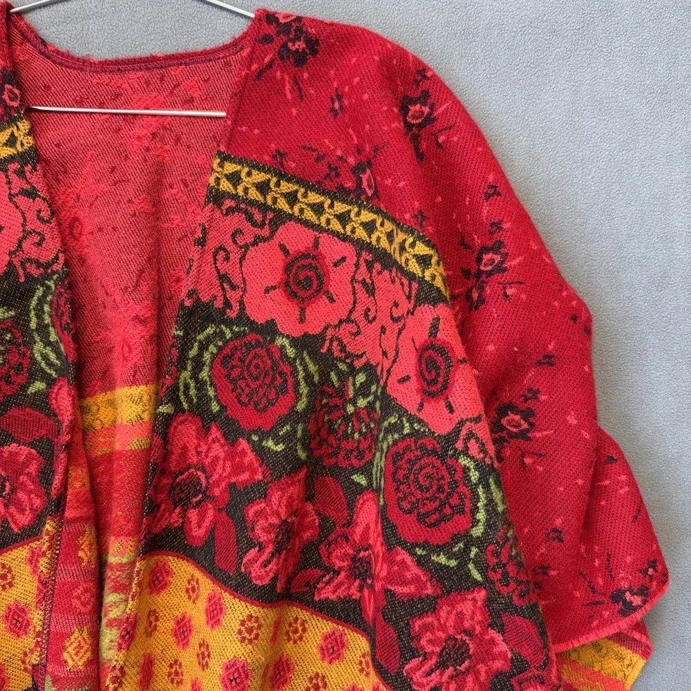 Poncho Wrap Red Floral Rose Tapestry Acrylic Fringed Boho Made‎ In France